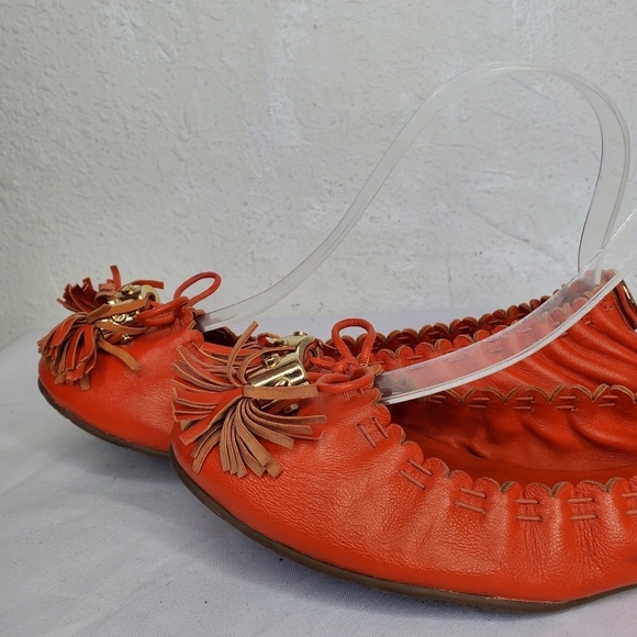 Tory Burch Reese Soft Orange Leather Stretch Bow Tassel Ballet Flats - Picture 3 of 12